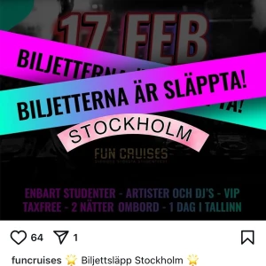 2st biljetter för Fun Cruises i Stockholm 1000kr/st - Biljetterna är släppta för Fun Cruises med avgång den 17 februari från Stockholm. Endast för studenter med artister och DJ's, VIP, taxfree, två nätter ombord och en dag i Tallinn. Skriv vid intresse seriösa köpare endast! Tack!