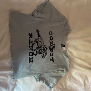 Blå t-shirt med cowboytryck från Divided - Säljer en Blå t-shirt från Divided med ett coolt cowboytryck och texten 'The Cowboy Ranch'. T-shirten har korta ärmar och en croppad design med råa kanter. Perfekt för en avslappnad stil. Aldrig använd