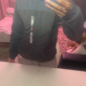 Grå jacka från Tommy Hilfiger - Säljer en snygg tunn  mörkgrå jacka från Tommy Hilfiger med dragkedja och broderad logga på ärmarna. Jackan har en hög krage och långa ärmar, fläckar förekommer 🫶