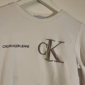 Vit tröja från Calvin Klein Jeans - Säljer en stilren vit tröja från Calvin Klein Jeans med deras ikoniska logga 'CK' broderad på framsidan. Tröjan har långa ärmar och en rund halsringning. Perfekt för en avslappnad och trendig look.