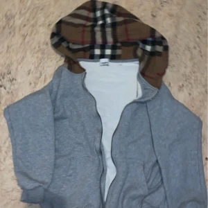 Grå huvtröja från Burberry - Säljer en snygg grå huvtröja från Burberry. Den har en klassisk rutig mönstrad huva i bruna och röda toner. Tröjan är långärmad och har en dragkedja framtill. Perfekt för höst och vår! Dragkedjan är trasig därav priset