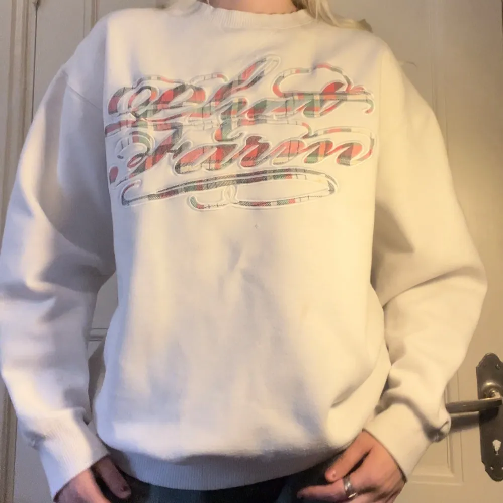 Vit sweatshirt med grönt och rött broderi från Phat Farm. Bra skick (se en liten fläck och reva på sista bilden). Oversized med snygg 90-talig passform. 80% bomull & 20% polyester. Jag på bilden är ca S och 175cm lång. . Tröjor & Koftor.