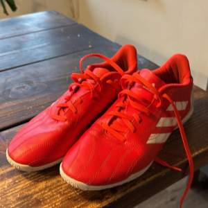 Säljer ett par röda Adidas Copa indoor  fotbollsskor i mycket bra skick. De har vita detaljer och snörning, perfekt för inomhusfotboll. Skorna är bekväma och har en bra passform. Sulan är i fint skick och ger bra grepp på planen.