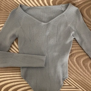 Blå ribbad långdärmad topp - Säljer en stilren grå ribbad topp med långärmade ärmar och v-ringad hals. Passar till både jeans och kjol för en snygg look. Figursydd men mjuk material utan defekter. 