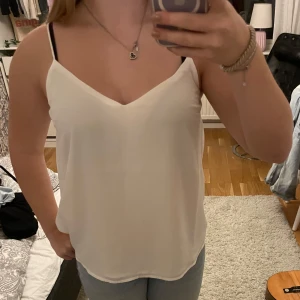 Vitt linne - Säljer ett stilren vitt linne i mycket bra skick. Toppen är ärmlös med smala axelband och har en v-ringad design. Perfekt för sommardagar eller som ett basplagg i garderoben. Passar till både jeans och kjol!🤍