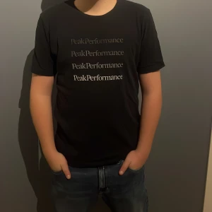 Svart t-shirt från Peak Performance - Säljer en svart t-shirt från Peak Performance i bra skick. Den har ett stilrent tryck med märkesnamnet i olika nyanser på framsidan. Perfekt för vardagsbruk eller träning. T-shirten är kortärmad och gjord i mjukt bomullsmaterial. Passar till både jeans och shorts! PRISET ÄR EJ SKRIVET I STEN!!!