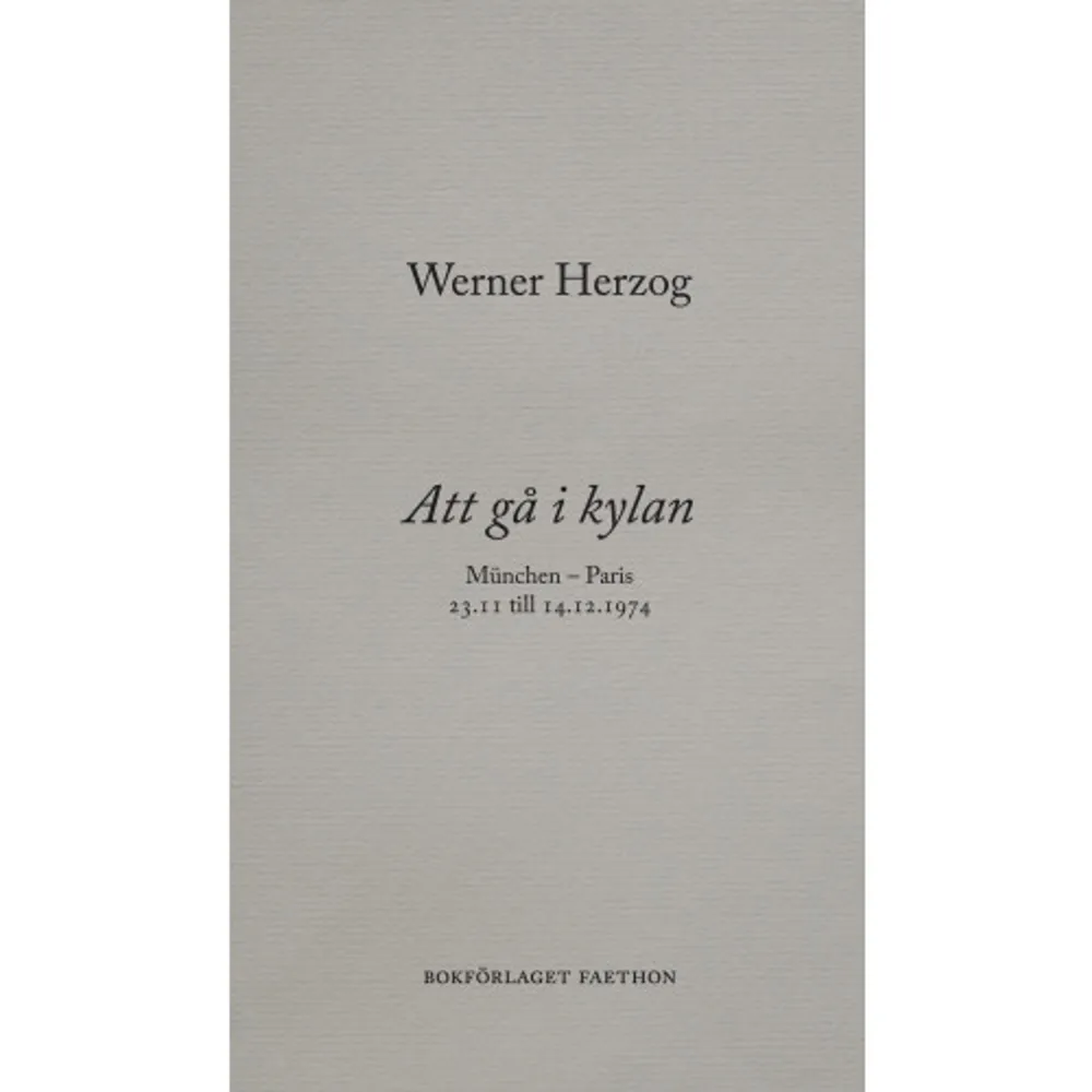 Werner Herzog (f. 1942) får i november 1974 ett samtal som meddelar att Lotte Eisner är döende. Som för att besvärja döden beger han sig ut på en vandring från München till Paris. Hans beskrivning av färden är en sällsam skildring av landskapet och vandringens villkor. Madeleine Gustafsson har för denna nyutgåva i delar reviderat sin översättning. Kritikern Mikaela Blomqvist har skrivit efterordet.     Format Inbunden   Omfång 91 sidor   Språk Svenska   Förlag Bokförlaget Faethon   Utgivningsdatum 2021-01-29   Medverkande Madeleine Gustafsson   Medverkande Mikaela Blomqvist   ISBN 9789189113183  . Böcker.