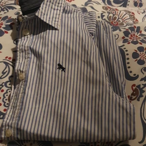 Randig skjorta med broderad logga - Säljer en stilren blå- och vitrandig skjorta med långa ärmar. Skjortan har knappar framtill och en liten broderad logga på bröstet. Använd vid enstaka tillfälle 