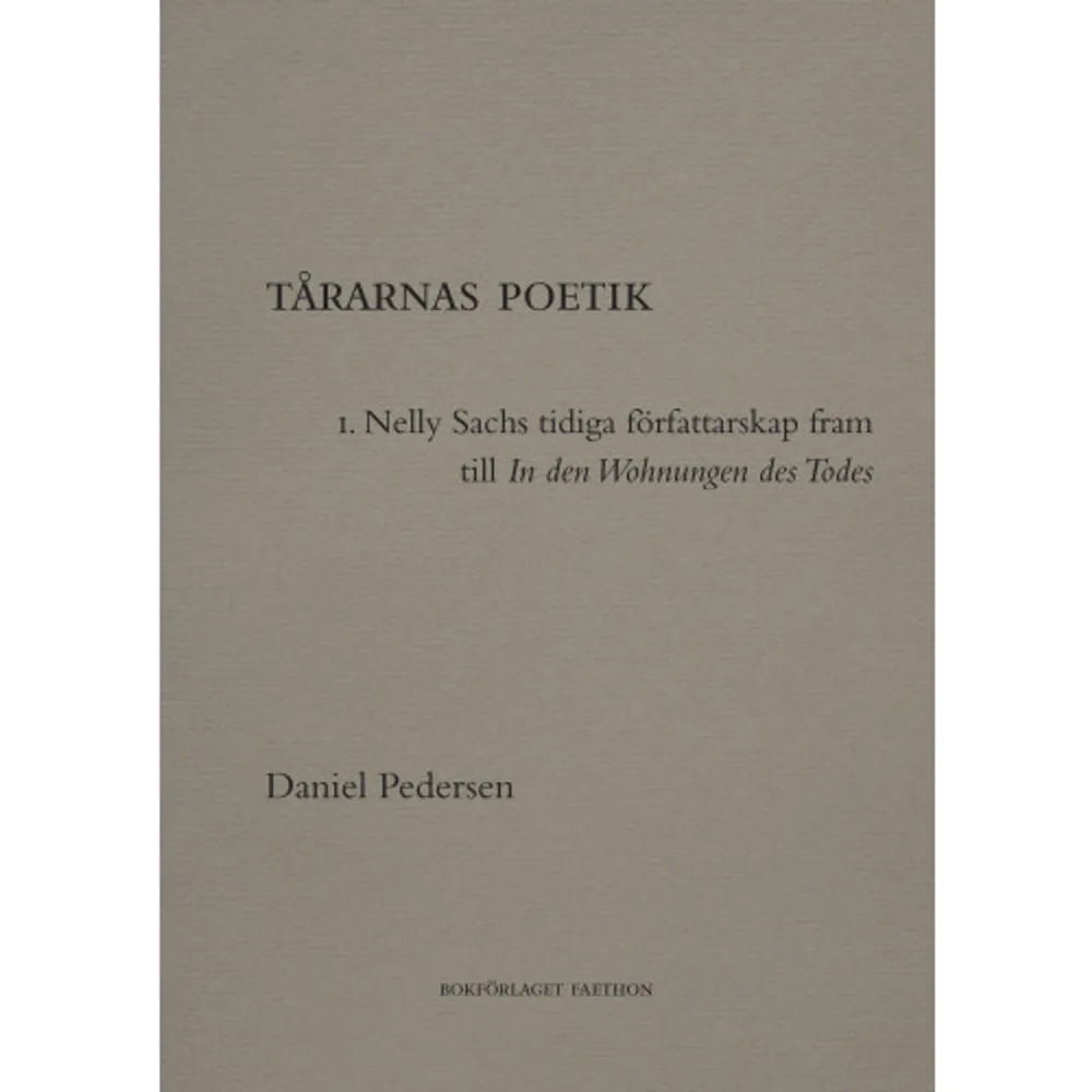 Den tysk-judiska poeten Nelly Sachs föddes den 10 december 1891 i Berlin. Efter krigsutbrottet lyckades hon fly till Sverige med sin mor. Hon kom att verka i Stockholm fram till sin död den 12 maj 1970 och publicerade samtliga diktsamlingar i exil. Tårarnas poetik är en studie i två delar som syftar kartlägga hela Sachs författarskap. Den första delen undersöker hennes opublicerade verk från tiden i Tyskland och följer henne fram till debutsamlingen In den Wohnungen des Todes (I dödens boningar) som utkom 1947. Den andra delen följer författarskapet fram till dess slut.    Format Danskt band   Omfång 414 sidor   Språk Svenska   Förlag Bokförlaget Faethon   Utgivningsdatum 2020-05-22   ISBN 9789198275919  . Böcker.