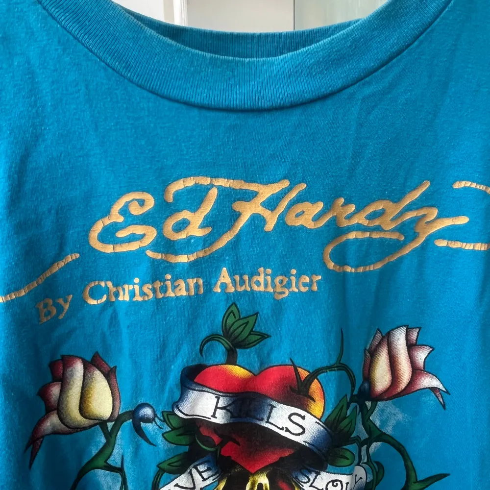 Blå oversized Ed Hardy t-shirt med tryck på fram- och baksidan. Den är i bra skick förutom att texten på framsidan är lite sprucken (syns på bild 3). . T-shirts.