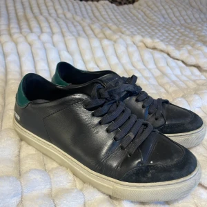Svarta sneakers från Axel Arigato - Säljer ett par svarta sneakers från Axel Arigato i skinn med gröna detaljer på hälen. De har en vit sula och klassisk snörning. Även detaljer med zebra mönster. Väl använda