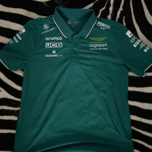 Grön pikétröja från Aston Martin Cognizant F1 Team - Säljer en snygg grön pikétröja från Aston Martin Cognizant Formula One Team. Tröjan har flera sponsorloggor som JCB, aramco och Peroni. Den har en klassisk krage med knappar och är perfekt för alla F1-fans. Passar både till vardags och för att kolla på F1!