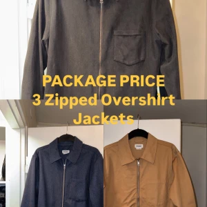 Zipped Overshirt Jackets (Package Deal) - Selling 3 very classy and nice overshirt jackets all barely used(like new) rather sell as one package for the price of 599kr otherwise 300kr each!  All 3 are size M!! Want more pictures PM                     1. Weekday Ahmed Zipped Overshirt - Tan / Beige 2. H&M faux Artificial Suede Overshirt - Black      3. Weekday Ahmed Melange Overshirt - Blue