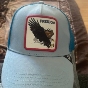 Blå och ljusblå keps med örn - Säljer en snygg keps i blå och ljusblå färg med ett coolt örnmärke på framsidan där det står 'FREEDOM'. Kepsen har ett nätmaterial på baksidan för bra ventilation och en justerbar rem för perfekt passform. Perfekt för sommardagar eller när du vill ha en avslappnad stil.