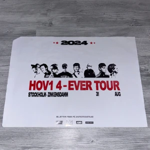 HOV1 4-EVER AFFISCH  - Säljer en Hov1 4-ever affisch som är för 2024s Zinkensdamms spelning! Den är nästa till oskadda enbart en förlorad hörna (se bild 2) annars i super fint skick! Affischen kommer fraktas i ett pappersrör som är skapat för frakting av affischer!💞
