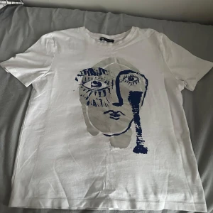 Vit t-shirt med konstnärligt tryck från Zara - Säljer en vit t-shirt från Zara med ett unikt konstnärligt tryck i blått och grått. T-shirten har korta ärmar och en rund halsringning. Perfekt för dig som vill ha något annorlunda i garderoben! 