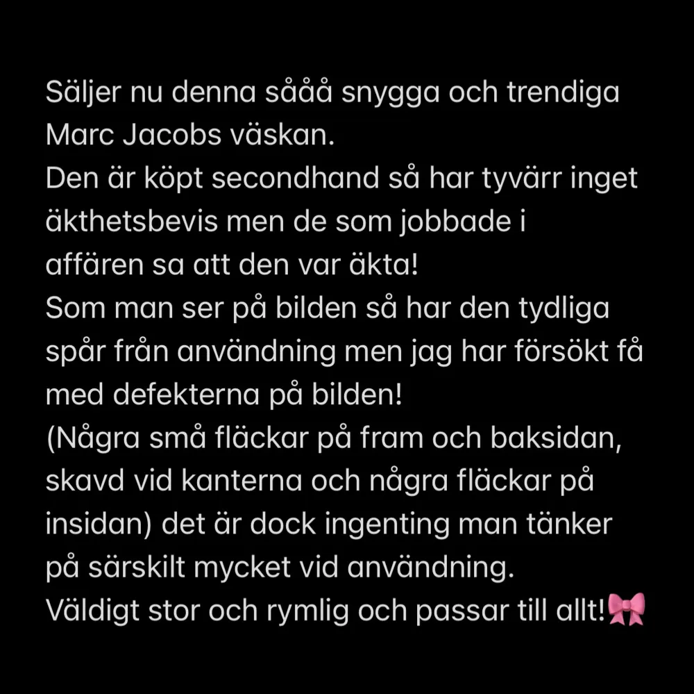 Säljer nu denna Marc Jacobs väskan🎀(fick inte plats med all info här utan bläddra bland bilderna för att se mer) Tycker verkligen om den men används inte så mycket! Accepterar inga prisförslag under 750kr utan då behåller jag den hellre själv💞(kan skicka fler bilder om så önskas!). Väskor.