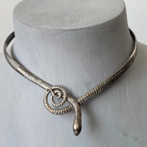 Silverfärgat ormhalsband - Säljer ett coolt silverfärgat halsband i form av en orm. Halsbandet har en unik design där ormen slingrar sig runt och bildar en cirkel framtill. Det är ett statement-smycke som verkligen drar blickarna till sig. Perfekt för att ge en edgy touch till vilken outfit som helst!