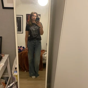 Svart t shirt med grått tryck  - Snygg T-shirt i bra skick. Storlek s och är ifrån Gina tricot 