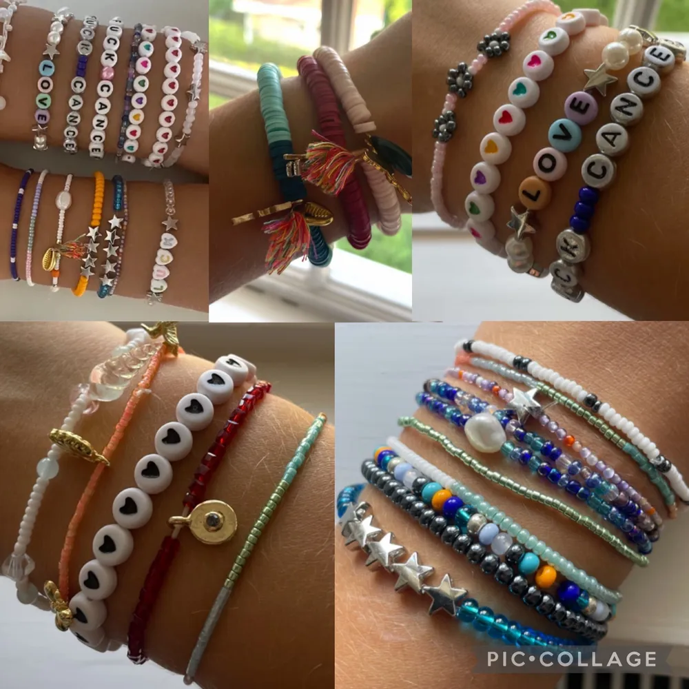 Egengjorda armband❣️                                                      1 för 30                                                                              2 för 50                                                                              3 för 70                                                                  Armband med platta pärlor (11,12,13) kostar 55 kr st Kan även göra önskad storlek, texter och mönster!     Frakt kostar 14 kr. Accessoarer.