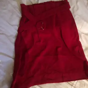 Röd kjol med bälte i midjan. Helt oanvänd. Strl 38 men passar även 36. Perfekt nu i jul. Går till strax ovanför knäna på mig som är 170. Lösare tyg.