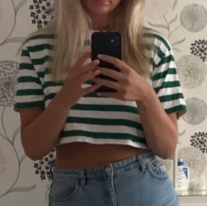 Croppad t-shirt från Zara - Säljer denna fina toppen då den inte kommer till användning. Superfin färg och är i nyskick. Endast använd två gånger! Den är croppad med mörkgröna ränder. Storleken är M men passar XS/S. Köpare står för frakt💕