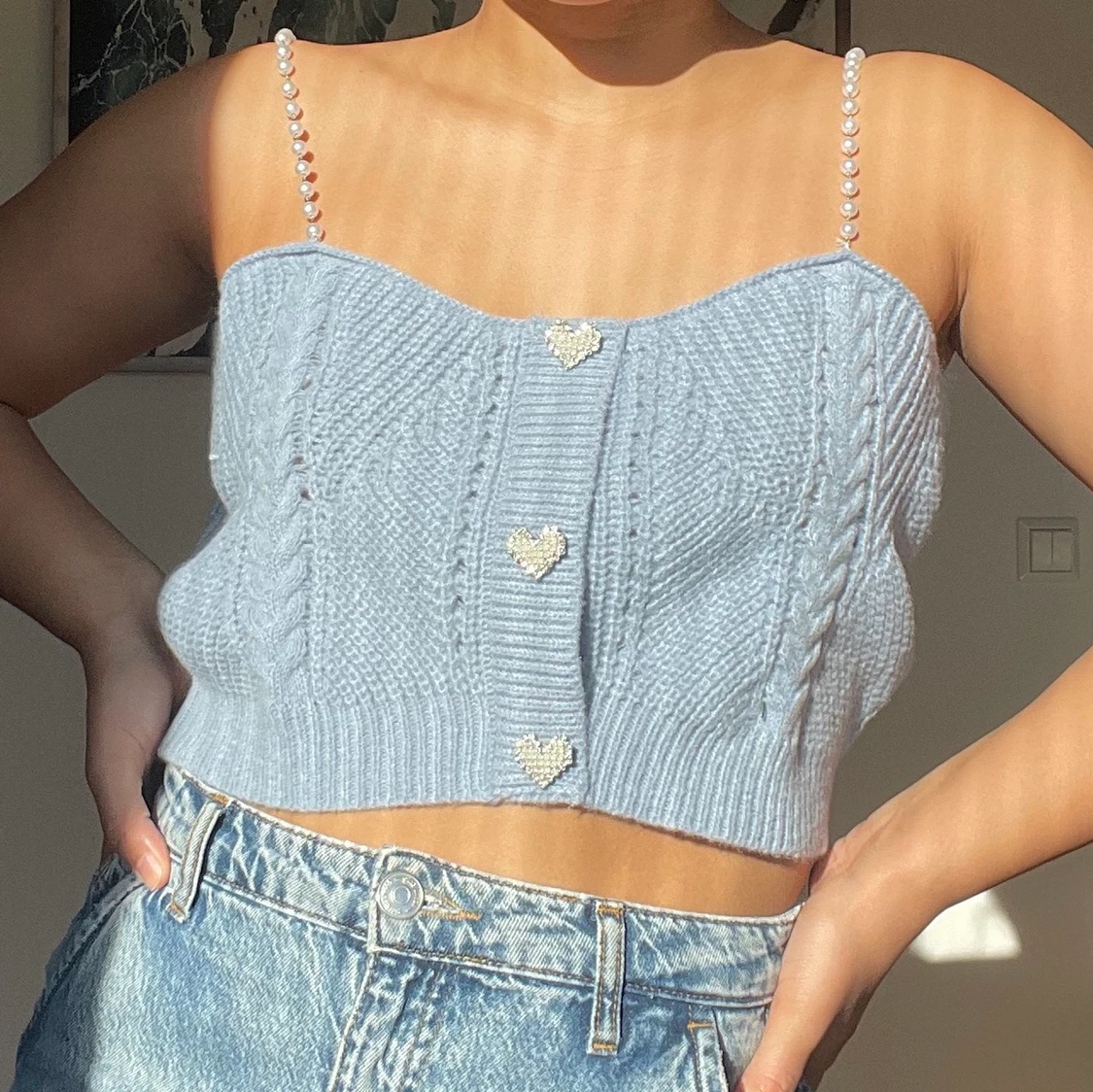 Blå stickat linne - 90