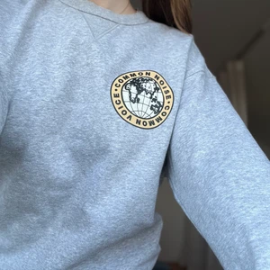 Hoddie med tyck  - Grå mysig tröja,  haft i 3 år men knappt använts.tröjan är ifrån hms herr avdelning, tryck på bak och framsida, storlek S men skulle säga att den sitter som en M 