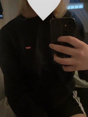 Svart Levi's tröja  - Säljer en svart hoodie/crewneck från Levi's med den klassiska röda loggan på bröstet😽Enkel och clean design utan synliga detaljer såsom dragkedja eller fickor. Perfekt för dig som gillar streetwear och vill ha något stilrent. Myckettt bra skick, använd någon enstaka gång🖤