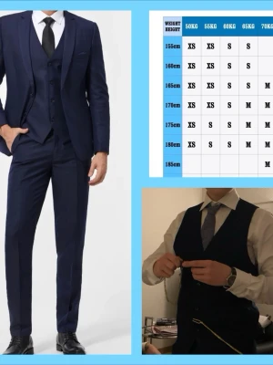 Marinblå kostym med väst och kavaj - Snygg marinblå kostym med matchande kavaj, väst och byxor. Klassisk passform med stilrena knappar och smal krage. Perfekt för dig som vill ha en elegant look med skjorta och slips. Materialet är troligtvis polyester och kostymen har en modern, slim passning.