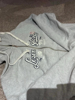 Grå hoodie från Lexin Glen - Snygg grå hoodie från Lexin Glen med dragkedja och broderad text på bröstet. Hoodien har vita snören i huvan och detaljer i blått och vitt, samt ett litet amerikanskt flaggmärke. Perfekt för en avslappnad stil.