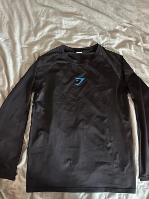 Svart långärmad träningströja Gymshark - Svart långärmad träningströja från Gymshark med blå logga på bröstet. Tillverkad i ett stretchigt och snabbtorkande material som passar perfekt för gym eller löpning. Tröjan har rund halsringning och en smal passform.