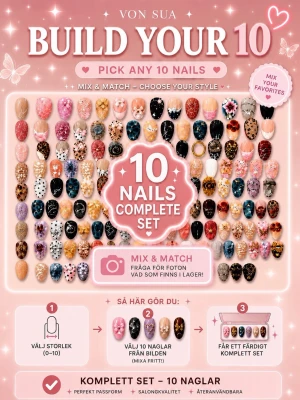 Mix & Match (10 Naglar) medium almond - Mix & Match – skapa ditt egna set 💜  Välj 10 naglar och bygg ditt egna unika press-on set.  Så här gör du:  1. Kolla först vilken storlek du behöver: 0–11. 2. Välj 10 naglar från bilden. 3. Skärmdumpa bilden och ringa in/markera de naglar du vill ha. 4. Skicka bilden till mig, så sätter jag ihop ditt set.  Alla naglar är handgjorda av mig och kan mixas fritt efter din egen stil. Perfekt om du vill ha något mer personligt eller om du behöver extra naglar till tidigare set.