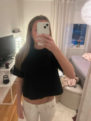 Svart croppad t-shirt - Säljer en svart croppad t-shirt med normal passform och korta ärmar. Toppen har en enkel och stilren design utan synliga mönster eller detaljer. Perfekt att matcha med höga jeans eller kjol.