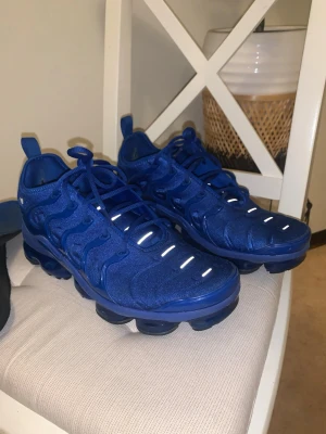 Äkta Nike  Air  VaporMax  Plus  Game Royal Metallic Silver  - Ett sällsynt par Blåa Nike Air Vapormax Plus sneakers med vågigt mönster på sidan och vita detaljer. Har även ett slitage jag nyss märkte inuti, annars har Skorna har en robust sula med synliga luftbubblor, funkar väldigt bra till en daily pairs och även till träning. Dessutom ett par med väldigt många komplimanger från alla som träffar dig.