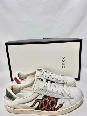 Gucci Ace Snake Sneakers  - Gucci Ace ”Snake” sneakers till ett väldigt bra pris! Används men har fortfarande mycket kvar att ge, skick utifrån bilder, inga stora defekter. Endast skor. Us 8,5, passar 43/44. Kontakta mig för fler frågor och funderingar!