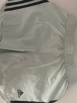 Mintgröna sportshorts från Adidas - Säljer ett par mintgröna sportshorts från Adidas med klassiska svarta ränder längs sidorna och elastisk midja. Shortsen har en lätt och luftig känsla, perfekta för träning eller chill. Adidas-logga framtill. Materialet känns som polyester.