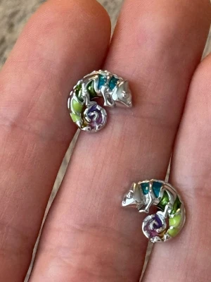 Färgglada kameleont-örhängen i silverfärg - Säljer ett par små örhängen i silverfärg med kameleonter. Nyskick! 