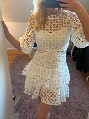 Vit spetsklänning med volanger - Supersöt vit kortklänning i spets med volangdetaljer och trekvartsärm. Klänningen har rund halsringning och ett genombrutet mönster som ger en romantisk vibe. Perfekt för sommarens alla tillfällen!