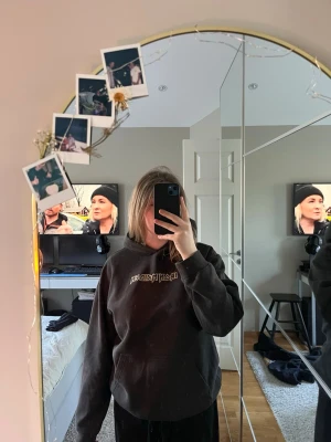 Iron Maiden svart hoodie med tryck - Säljer en svart hoodie från Iron Maiden med coolt tryck på ryggen och logga på bröstet. Hoodien har en stor huva och är gjord i mjukt material, perfekt för dig som gillar bandmerch och vill ha en avslappnad stil.