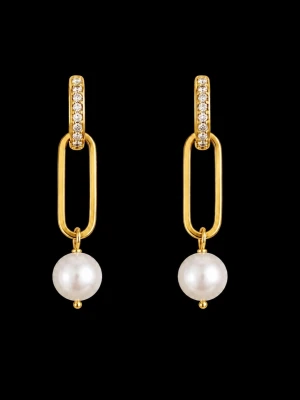 Guldörhängen med pärlor och stenar - Snygga örhängen i guldton med rektangulär form och gnistrande stenar på öglan. Hängande vita pärlor ger en elegant touch. Perfekta för dig som gillar stilrena accessoarer med lite extra bling.
