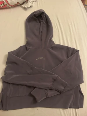 Lilagrä hoodie  - Säljer en lilagrå hoodie med broderad text på bröstet. Hoodien har en stor huva och ribbade muddar vid ärmslut och nederkant. Perfekt för en avslappnad och trendig look.