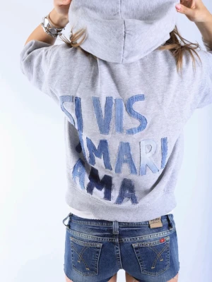 Grå hoodie med text på ryggen ”SI VIS AMARI AMA” - Otroligt fin och unik hoodie med jeans detaljer på ryggen. Texten som står på ryggen är ”SI VIS AMARI AMA”!!  - Storlek: S - Modellen är 175 cm för referens och bär vanligtvis storlek S!!  Hoodien är i jättebra skick och har inga defekter (vad vi märkt)!!  Vid frågor eller funderingar - tveka inte att höra av dig🪽