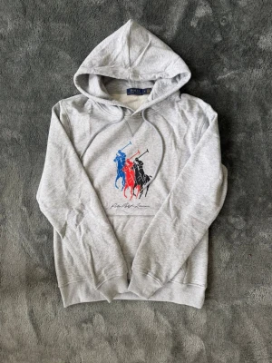 Grå hoodie Polo Ralph Lauren - Snygg grå hoodie från Polo Ralph Lauren med stort tryck av tre polospelare i blått, rött och svart på bröstet. Klassisk huva med dragsko och ribbade muddar. Perfekt för en avslappnad och sportig stil.