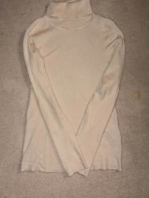 Beige ribbad polotröja - Säljer en beige ribbad polotröja med lång ärm och hög krage. Tröjan är figurnära och har en mjuk, stretchig känsla som passar perfekt till lager på lager. Enkel och stilren design som funkar till det mesta.