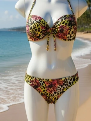 NY & OANVÄND Snygg flerfärgad mönstrad bikini. Storlek: 36/SMALL. Felfri. - NY & OANVÄND ovanlig färgglad snygg mönstrad bikini. Färgerna är bland annat: Svart, limegrön/neongul, neonrosa. Storlek: 36/SMALL. Helt felfri.