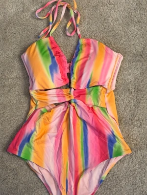 Färgglad baddräkt med cut-out detaljer - Heej!☀️Jag säljer en helt oanvänd baddräkt i regnbågsfärgat mönster med rosa, gul, blå, grön och orange från Bikbok. Baddräkten har halterneck-band och snygga cut-out detaljer framtill. Materialet är stretchigt och mjukt, perfekt för stranden eller poolen.                         Helt nytt skick!🌸
