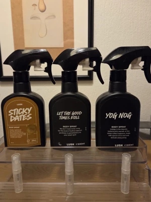 Parfym testers 2ml perfume split bundle scent body spray body mist  - Perfume testers set  1x 2ml Lush Sticky Dates   1x 2ml Lush Let the good times roll   1x 2ml Lush Yog Nog   Please check out my other listings for more testers  If you only want to buy a tester separately just let me know