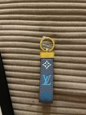Vuitton nyckelring blå/grå - Snygg nyckelring från  Vuitton i grått läder med blå och vita monogramdetaljer. Guldfärgad metallring och platta med Vuitton Paris ingraverat. Perfekt accessoar för att ge din nyckelknippa en exklusiv touch.