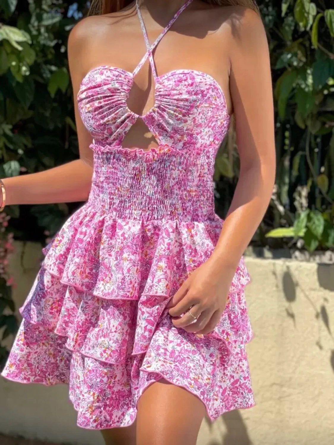 Rosa blommig volangklänning - 2